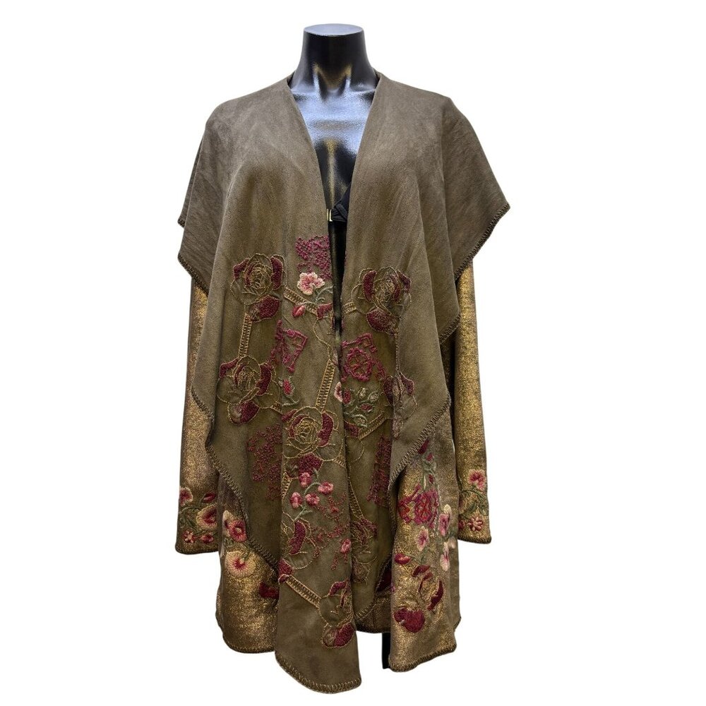 Biya Johnny Was Olive Hooded Embroidered Open-Front Jacket M